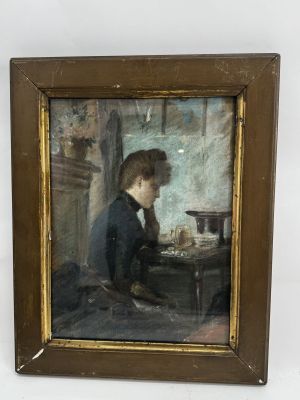 painting of a boy sitting at a table in front of a window