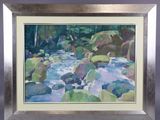 painting of a stream with rocks and trees in the background