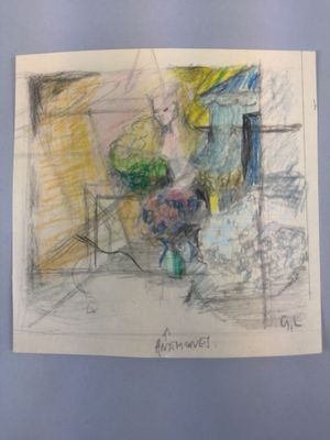 un dessin d'un vase de fleurs sur une table