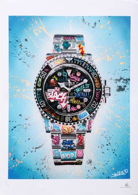 tableau représentant une montre-bracelet recouverte d'une multitude d'autocollants
