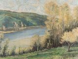 un tableau représentant un paysage avec une rivière et des arbres