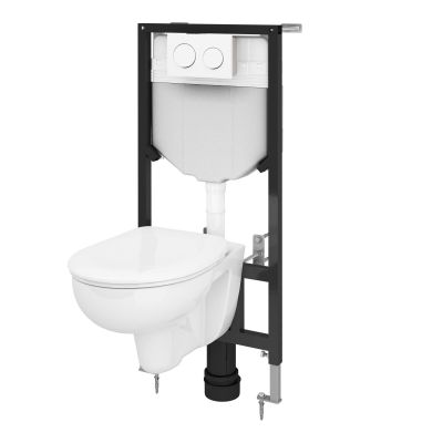 a white toilet with a black stand next to it