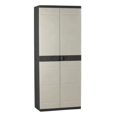 a white and black cabinet with two doors and two drawers