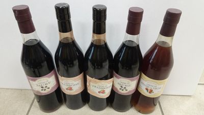 six bottles of wine are lined up in a row on a tile floor