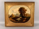 une peinture à l'huile représentant un paysage avec une rivière et des arbres