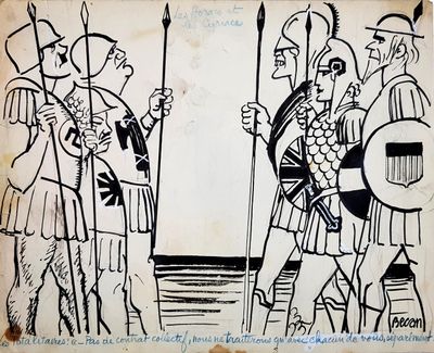 a drawing of a group of men with spears and shields