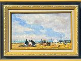 une peinture à l'huile représentant un groupe de personnes assises sur une plage