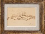 une image représentant un dessin de paysage dans un cadre doré
