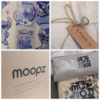 several pictures of various items that include a tag, a pillow, and a pillow case