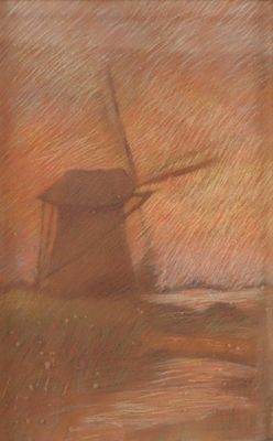 tableau représentant un moulin à vent dans un champ, avec un coucher de soleil en arrière-plan