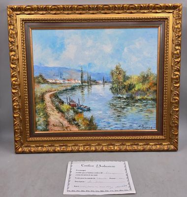 un tableau représentant une scène fluviale avec un bateau sur l'eau