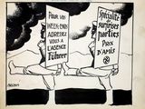 drawing of a political cartoon of a man holding a placard and another man holding a placard