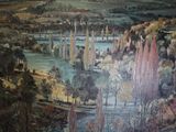 a painting on the wall of a room with a painting of a river and a bridge