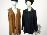 two mannequins dressed in black and brown are standing next to each other