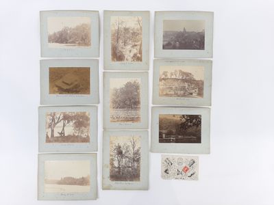 Plusieurs vieilles photographies d'arbres et de bâtiments sont accrochées au mur