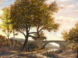 un tableau représentant un pont enjambant un ruisseau dans les bois