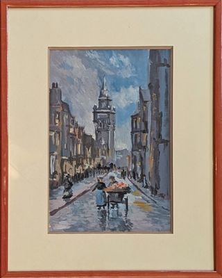 tableau encadré représentant une scène de rue avec des passants marchant dans la rue