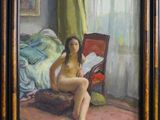 painting of a nude woman sitting on a chair in a bedroom