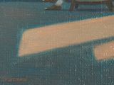 a painting of a man sitting on a bench