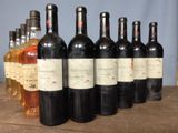 several bottles of wine are lined up on a wooden table