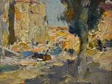 an oil painting of a street scene with a tree in the foreground