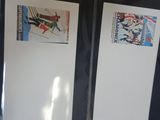 two framed pictures on the wall of a bathroom