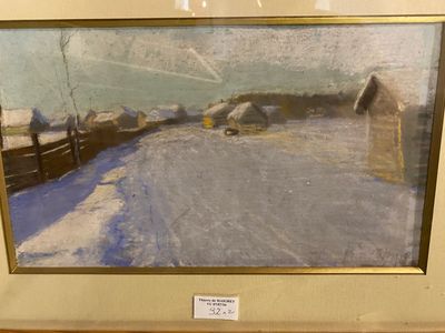 a picture of a painting of a snow covered road