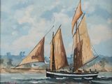 a painting of a sailboat sailing on the water