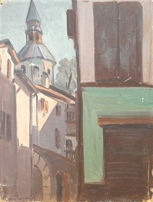 a painting of a building with a clock tower in the background