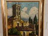 une peinture à l'huile d'une église avec un clocher en arrière-plan