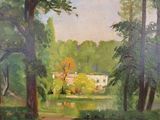 peinture d'un paysage avec des arbres et une maison au loin