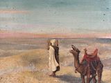 painting of a desert scene with camels and a man with a hat