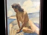 une peinture à l'huile représentant une femme nue assise sur une falaise au bord de l'océan