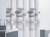 a picture of a bathroom with a shower curtain and a bathtub