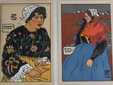 two paintings of a woman in a blue dress and a woman in a red dress