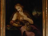 an oil painting of a woman holding a cat in her lap