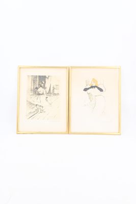 two framed drawings of a man and a woman on a white background