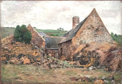 peinture représentant un vieux bâtiment en pierre avec une cheminée et un mur de pierre