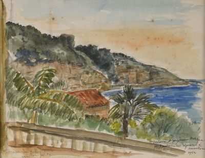 painting of a view of the ocean from a window with a view of palm trees