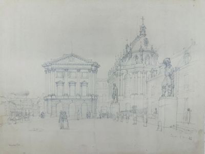 dessin d'un bâtiment avec une tour horloge au milieu d'une rue