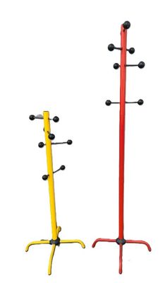 two red and yellow coat stands with black knobs on them