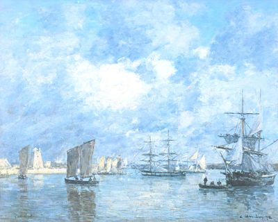 une peinture représentant des bateaux sur l'eau, avec le ciel en arrière-plan