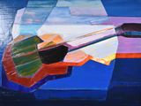 peinture représentant une guitare sur un fond bleu, avec le ciel en arrière-plan