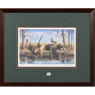 reproduction encadrée d'un tableau représentant une scène de chasse au canard, avec des canards et des canards