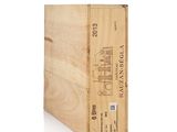 the wooden box is holding a bottle of wine on a white surface