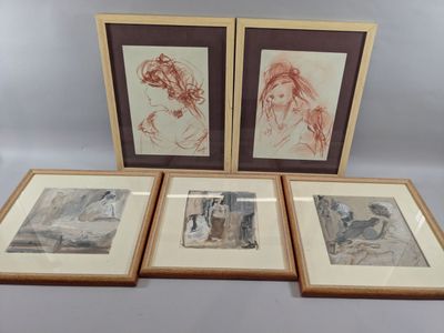 three framed drawings of a woman and two men