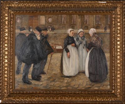 painting of a group of people standing in a courtyard with a building in the background