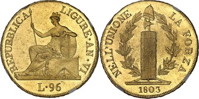 a gold coin with a statue on top of it