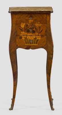 an image of a small wooden table with a drawer on it