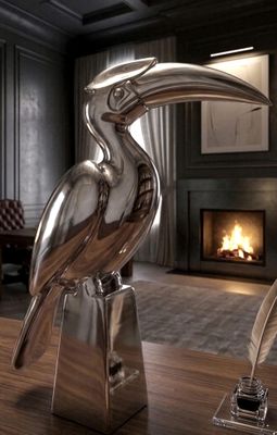 a silver bird statue sitting on top of a wooden table